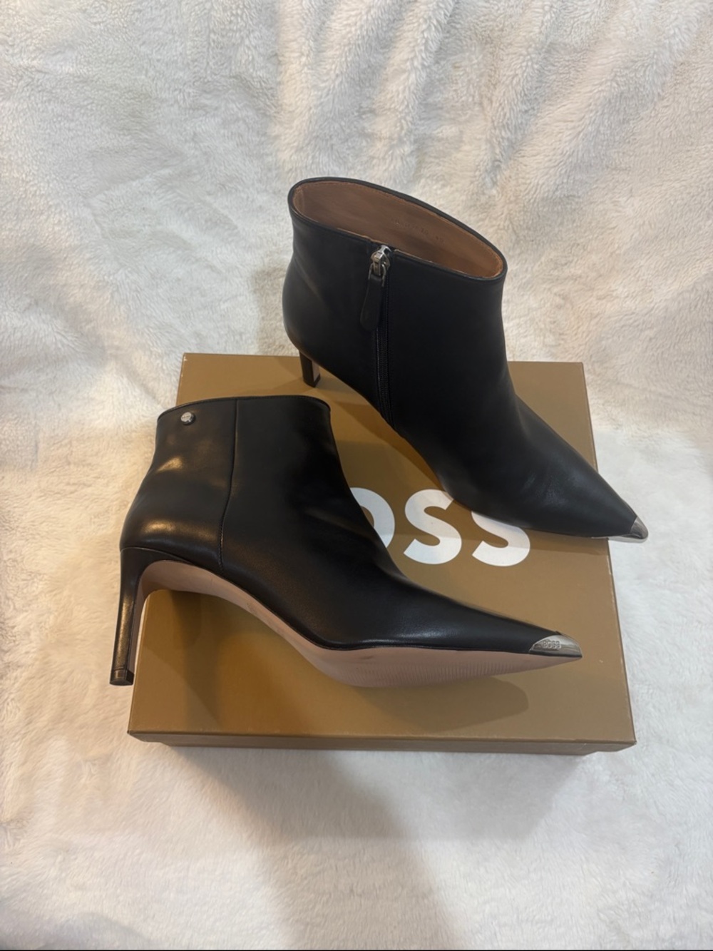 Boss Black Leather Pointed Toe Ankle Booties with Metal Toe Cap